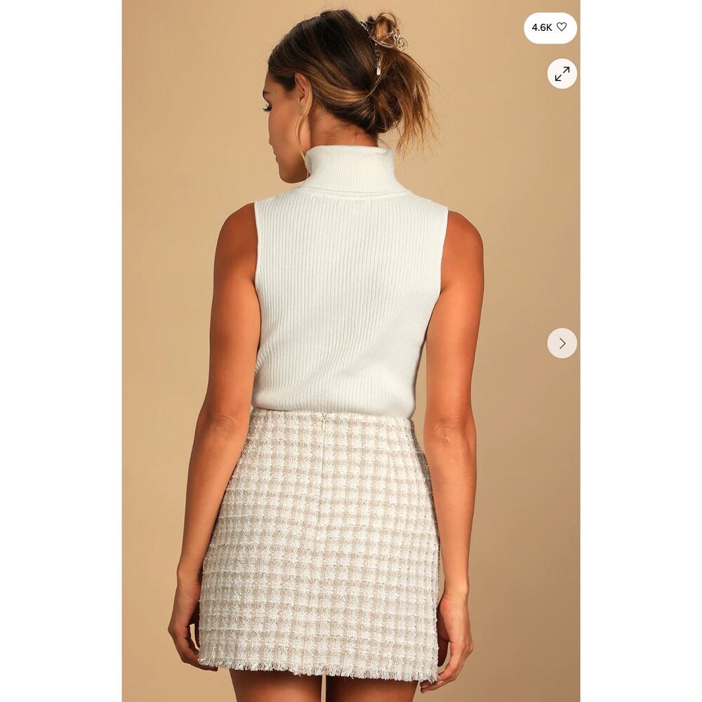 LULUS NWT Preppy Reputation Ivory Plaid Tweed Faux-Wrap Mini Skirt // XL - Picture 2 of 13